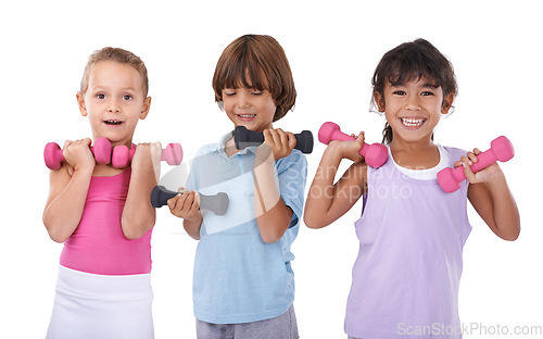 Image of Children, dumbbells for weightlifting and portrait, fitness and health with friends on white background. Strong, muscle and happy kids together in studio for exercise, gym equipment and workout