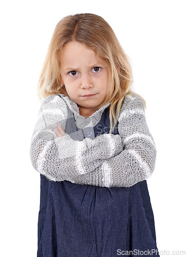 Image of Girl, child and angry in portrait with arms crossed, frustrated and stress, emotion and frown on white background. Youth, upset or disappointed with tantrum, bad attitude with problem in studio