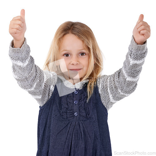 Image of Thumbs up, happy and portrait of girl on a white background for success, good news and approve. Emoji, thank you and isolated young child with hand gesture for agreement, yes and like sign in studio