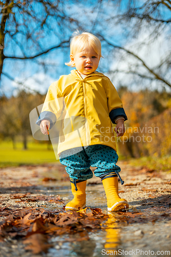 Image of Sun always shines after the rain. Small bond infant boy wearing yellow rubber boots and yellow waterproof raincoat walking in puddles in city park on sunny rainy day.