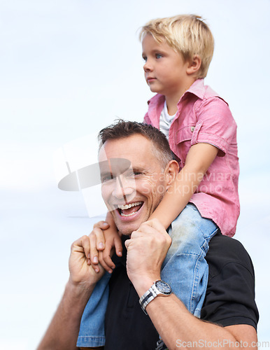 Image of Love, portrait and piggyback by father and son outdoor for fun, bonding or travel adventure. Happy family, support or parent with boy kid outside for shoulder ride, games or care, security or journey