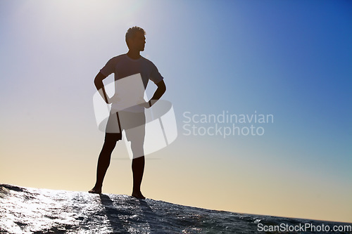 Image of Man, horizon and sky with hiking in nature for adventure and fitness, mockup space and travel. View while trekking, journey and hiker outdoor with environment, sunrise color and exercise on mountain