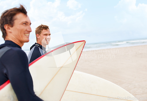 Image of Surfboard, happy or friends waiting at beach on holiday on vacation or adventure for fitness or travel. Ready, people or surfers at sea on holiday in ocean in Hawaii for wellness or extreme sports