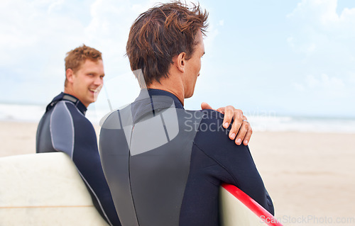 Image of Surfboard, friends or waiting at beach on holiday on vacation or adventure for fitness or travel. Ready, people or active surfers at sea on holiday in ocean in Hawaii for wellness or extreme sports