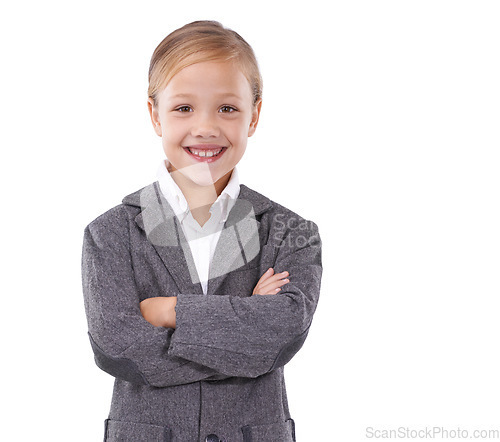 Image of Business, child and happy pride in portrait, pretend employee and playing game on studio backdrop. Female person, face and confidence in career on white background, entrepreneur and smile for startup