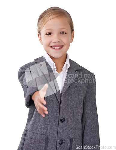 Image of Business person, portrait and child handshake offer in studio, interview and pretend hr manager. Female person, onboarding and welcome on white background, introduction opportunity and thank you