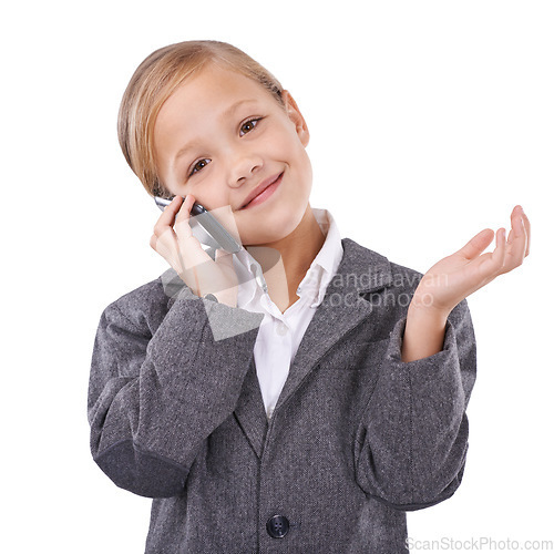 Image of Business, phone call and child in portrait, communication and networking on white background. Female person, pretend professional and playing, consulting and connection for discussion in studio