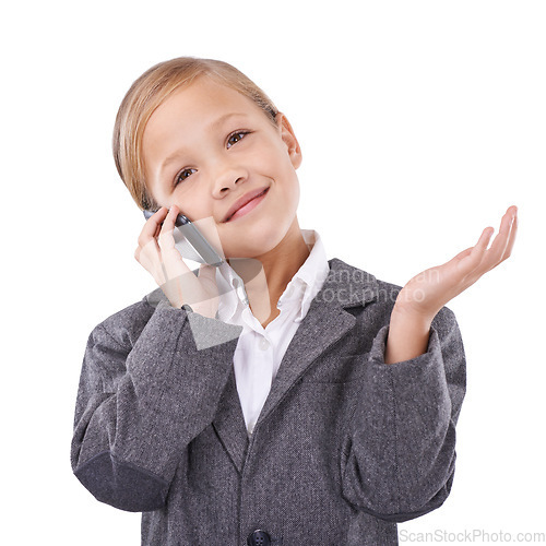 Image of Business, phone call and child in studio networking and communication on white background. Female person, pretend professional and playing confused, consulting and connection on smartphone or doubt