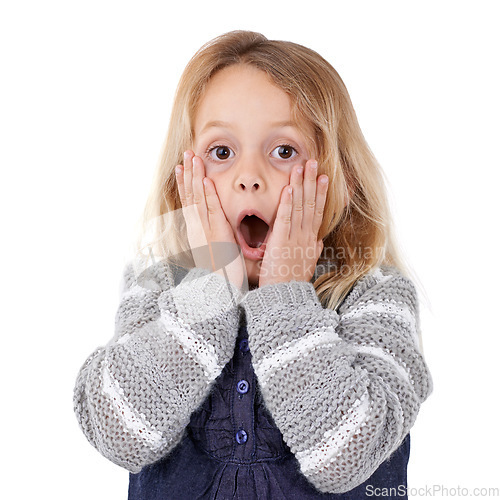 Image of Portrait, surprise or shocked child with mistake, wow or omg facial expression on isolated white background. Kid, oops or face of a young girl amazed by gossip, news or sale in studio announcement
