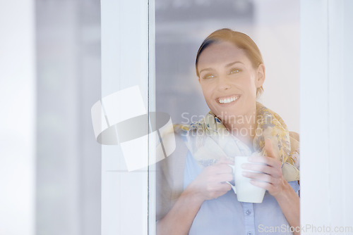 Image of Happy woman at window, thinking with tea and memory, inspiration and future in morning routine for wellness. Insight, reflection and mindfulness with warm beverage, coffee break and relax at home