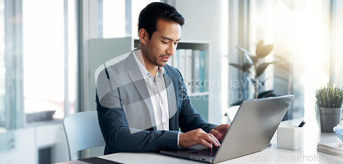 Image of Data analysis, research and businessman with a tablet and laptop for accounting or economy growth. Office, Asian and financial worker with technology for email, planning or information on a website