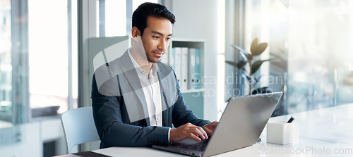 Image of Data analysis, research and businessman with a tablet and laptop for accounting or economy growth. Office, Asian and financial worker with technology for email, planning or information on a website