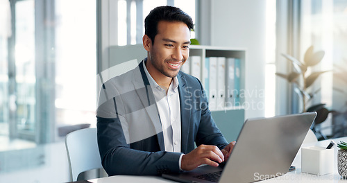 Image of Happy, laptop and typing business man, bank consultant or admin worker smile for research report, project or data. Company computer, administration and professional person working on online account