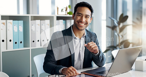 Image of Smile, office laptop and business man, bank agent or admin employee with career smile, job experience or pride. Happiness, administration portrait and professional person working on online research