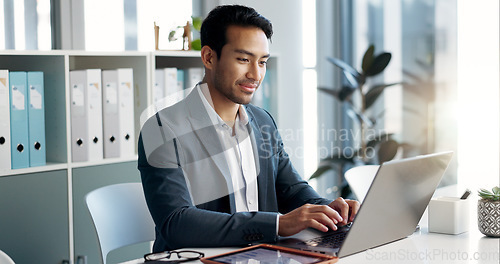 Image of Happy, office laptop and professional man, legal advocate or government attorney with career smile, job experience or pride. Corporate portrait, law firm and professional lawyer working on project