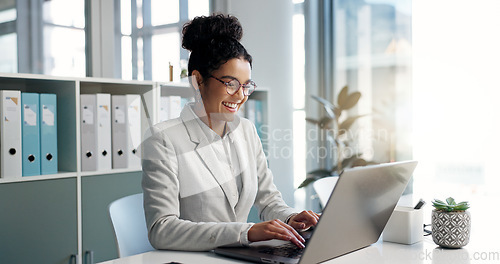 Image of Happiness, laptop and typing professional woman, advocate or government attorney reading feedback review. Corporate research, law firm and business lawyer working on legal project development plan