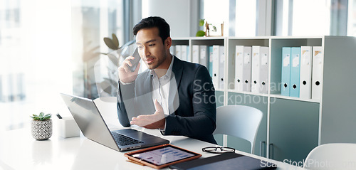 Image of Phone call, laptop and talking business man, bank consultant or advisor feedback on research report, project or data. Smartphone chat, administration and corporate person consulting on online account