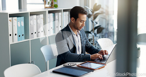 Image of Happy, laptop and typing business man, bank consultant or admin worker smile for research report, project or data. Company computer, administration and professional person working on online account