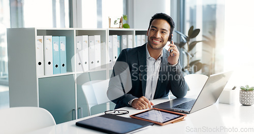 Image of Phone call, laptop and talking business man, bank consultant or advisor feedback on research report, project or data. Smartphone chat, administration and corporate person consulting on online account