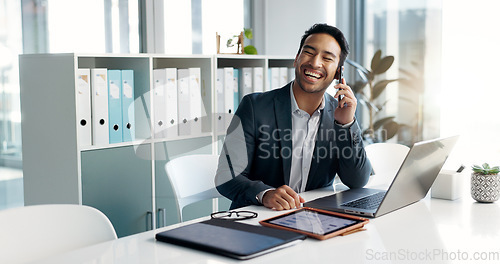 Image of Phone call, laptop and talking business man, bank consultant or advisor feedback on research report, project or data. Smartphone chat, administration and corporate person consulting on online account