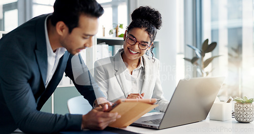 Image of Discussion, laptop and business people in the office doing research for collaboration project. Technology, teamwork and professional lawyers working on a legal case with computer in modern workplace.