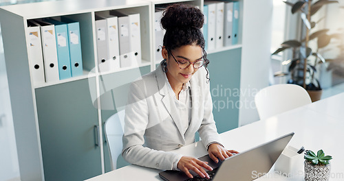 Image of Happiness, laptop and typing professional woman, advocate or government attorney reading feedback review. Corporate research, law firm and business lawyer working on legal project development plan