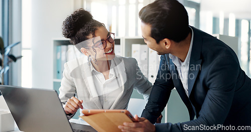 Image of Discussion, laptop and business people in the office doing research for collaboration project. Technology, teamwork and professional lawyers working on a legal case with computer in modern workplace.