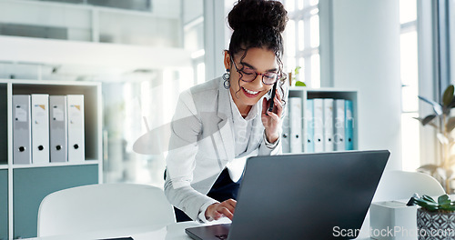 Image of Phone call, laptop and happy corporate woman, advocate or attorney smile for online results, proposal or settlement deal. Conversation, mobile cellphone and lawyer consulting on legal project report