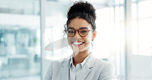 Image of Face, business and woman with a smile, office and arms crossed with a career, consultant and entrepreneur. Portrait, person or employee with glasses, workplace or agent with ambition or administrator