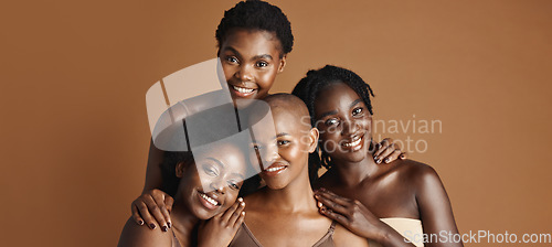 Image of Face, beauty and happy black woman friends in studio on a brown background for natural wellness. Portrait, skincare and smile with a group of people together for an antiaging treatment routine