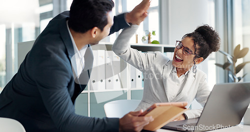 Image of Collaboration, high five and business people with success and tablet for trading or planning. Happy, teamwork and a corporate businessman and woman with a gesture for online win, deal or achievement