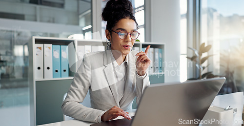 Image of Laptop, idea and thinking business woman, legal consultant or lawyer working on research report, settlement or solution plan. Law firm, computer and professional attorney problem solving project