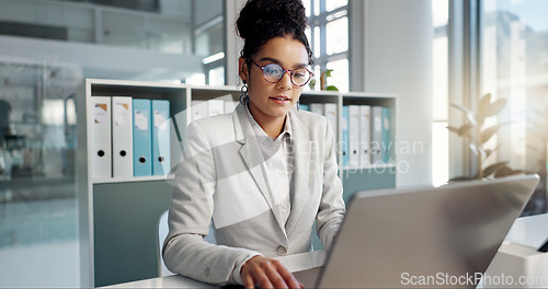 Image of Thinking, laptop and typing business woman, bank consultant or working on research report, project or solution. Computer, administration analysis and professional person reading online account data