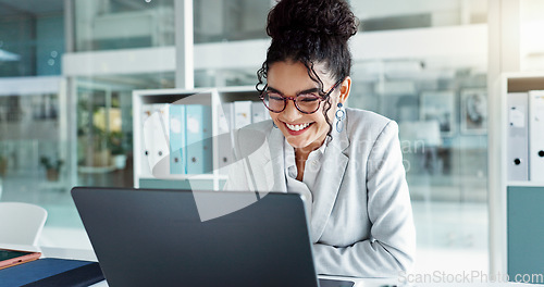 Image of Reading glasses, laptop and professional woman, advocate or government attorney check feedback. Corporate research, eyeglasses and business lawyer analysis of legal project, development or report