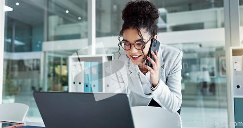 Image of Phone call, laptop and happy corporate woman, advocate or attorney smile for online results, proposal or settlement deal. Conversation, mobile cellphone and lawyer consulting on legal project report