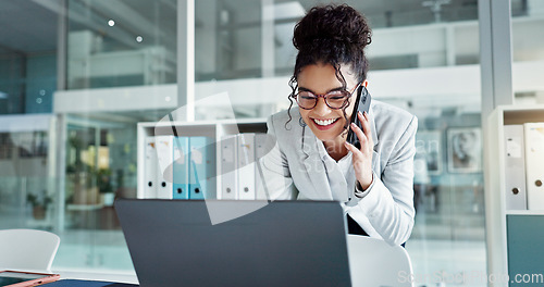 Image of Phone call, laptop and happy corporate woman, advocate or attorney smile for online results, proposal or settlement deal. Conversation, mobile cellphone and lawyer consulting on legal project report