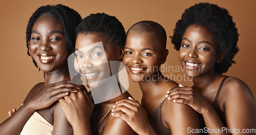Image of Face, beauty and smile with black woman friends in studio on a brown background for natural wellness. Portrait, skincare and happy with a group of people looking confident at antiaging treatment