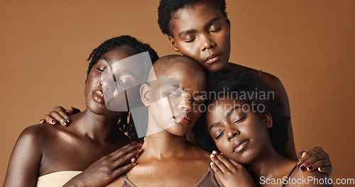 Image of Skincare, beauty and face of black women in studio with glowing, natural and facial routine. Smile, cosmetic and portrait of African female friends with dermatology face treatment by brown background