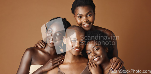 Image of Skincare, beauty and face of black women in studio with glowing, natural and facial routine. Smile, cosmetic and portrait of African female friends with dermatology face treatment by brown background