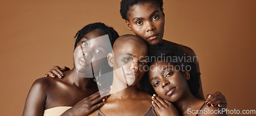 Image of Skincare, face or happy black women models with glowing skin isolated on brown background. Facial dermatology, diversity or beauty cosmetics for makeup in studio with girl friends or African people