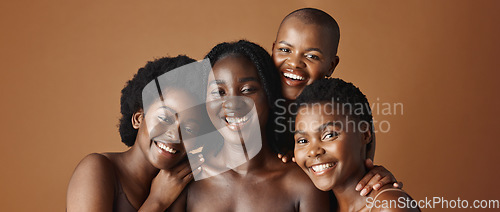 Image of Face, sinkcare and funny with black woman friends in studio on a brown background for natural wellness. Portrait, beauty and smile with a group of happy people laughing for antiaging treatment