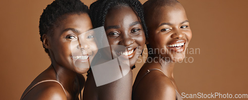 Image of Face, beauty and laughing with black woman friends in studio on a brown background for natural wellness. Portrait, skincare and funny with a group of people looking happy at antiaging treatment