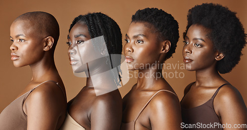 Image of Beauty, face or black women with skincare, glowing skin or afro isolated on brown background. Facial dermatology, models or natural cosmetics for makeup in studio with girl friends or African people