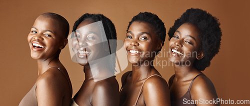 Image of Face, beauty and funny with african women in studio on a brown background for natural wellness. Portrait, skincare and smile with a group of funny young friends laughing at antiaging treatment