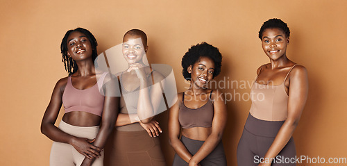 Image of Friends, face or African models with beauty, glowing skin or results isolated on brown background. Facial dermatology, smile or natural cosmetics skincare in studio with black women or happy people