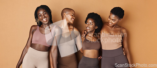 Image of Hug, face or African models with beauty, glowing skin or results isolated on brown background. Facial dermatology, friends or natural cosmetics skincare in studio with black women or happy people