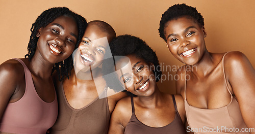 Image of Laughing, face or African models with beauty, glowing skin or results isolated on brown background. Facial dermatology, friends hug or natural skincare in studio with black women or happy people