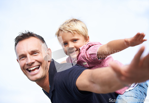 Image of Father, son and happy with airplane game by outdoor, freedom and fun with love bonding in city. Man, child or playing fantasy flying by arms in air, childhood and trust together in nature outside