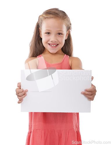 Image of Paper, mockup and portrait of child advertising space, broadcast news and presentation in studio on white background. Happy kid, girl and poster sign for feedback, offer and information about us