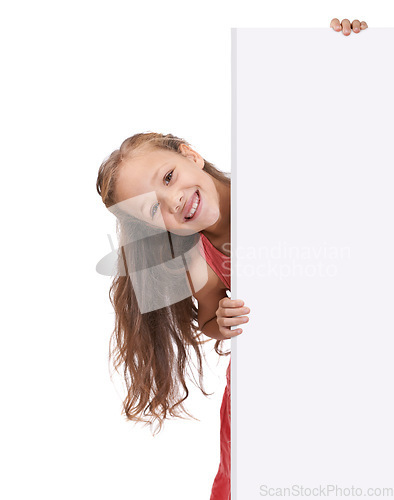 Image of Child, portrait and placard board in studio or announcement information, billboard or white background. Female person, girl and mockup space or news poster or bulletin review opinion, sign or message